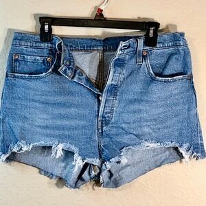 Levis 501 Denim Cutoff Shorts Blue Button Fly Frayed Hem Women Size 32